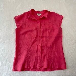 Coldwater Creek Linen Hot Pink Cap Sleeve Blouse Button Up Size L Classic Boho